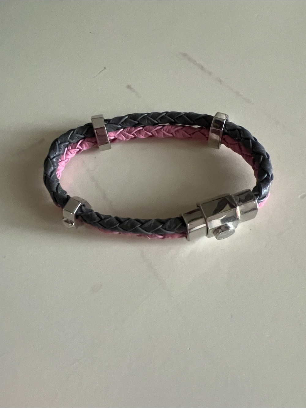 henri bendel Braided Pink and Gray Leather Bracelet with Silver Accents